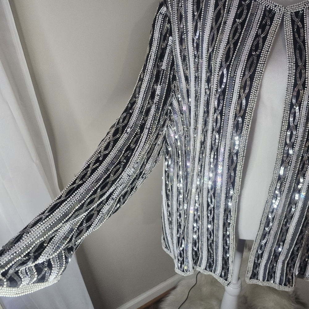 Papell Boutique Vintage 80s Black & Silver Beaded Sequin Silk Evening Jacket - Picture 5 of 13